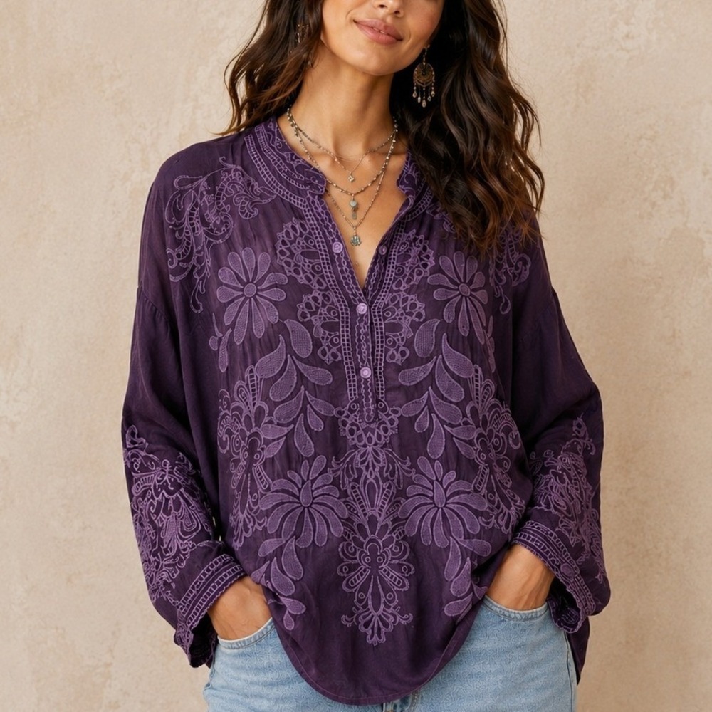 Johnny Was Elida Blouse Women L Purple Embroidered Eyelet Boho Top Western Luxe